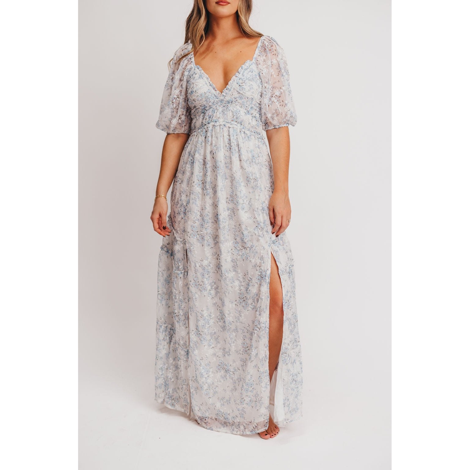 Nwt Storia Daphne Maxi Dress Blue White Floral Double Slit Eyelet Size 2xl